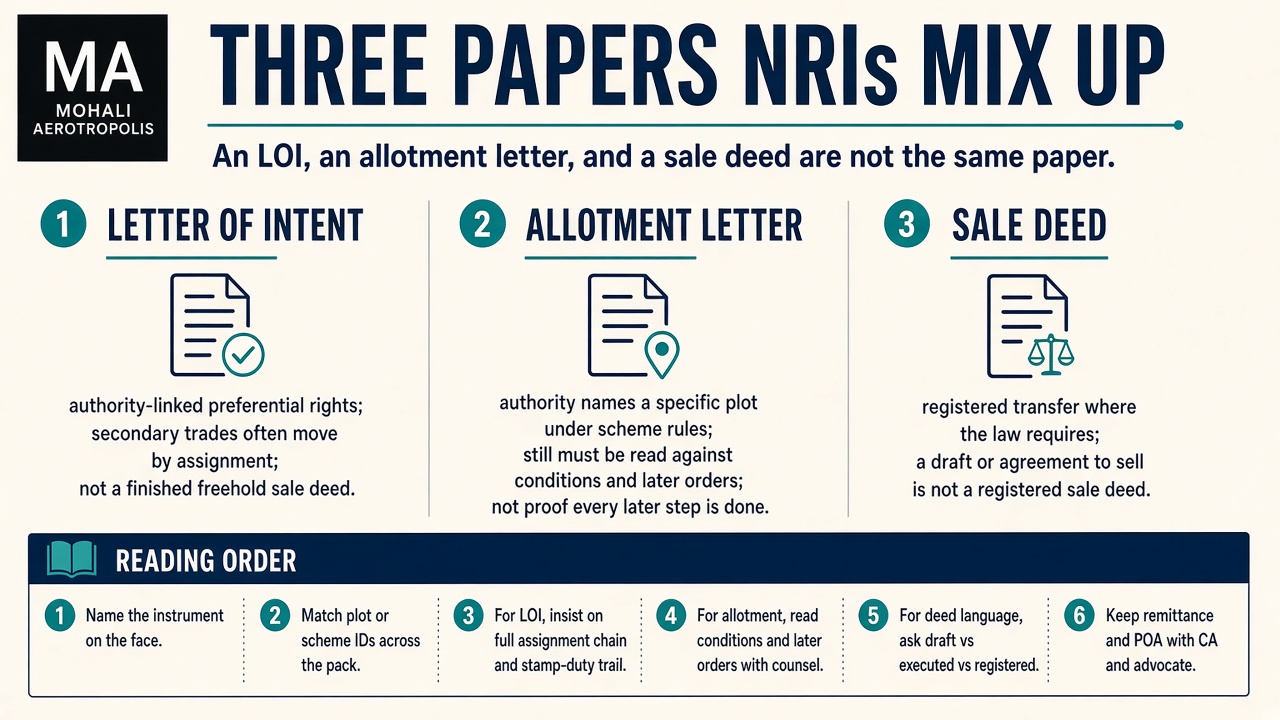 LOI, allotment letter, and sale deed — three papers NRIs mix up