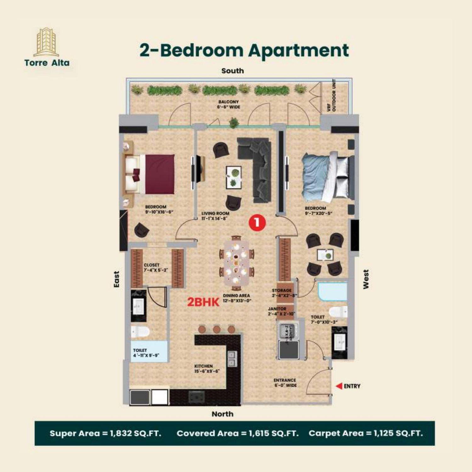 2 BHK plan, floors 20 to 22. 1,832 sq ft super, 1,125 sq ft carpet
