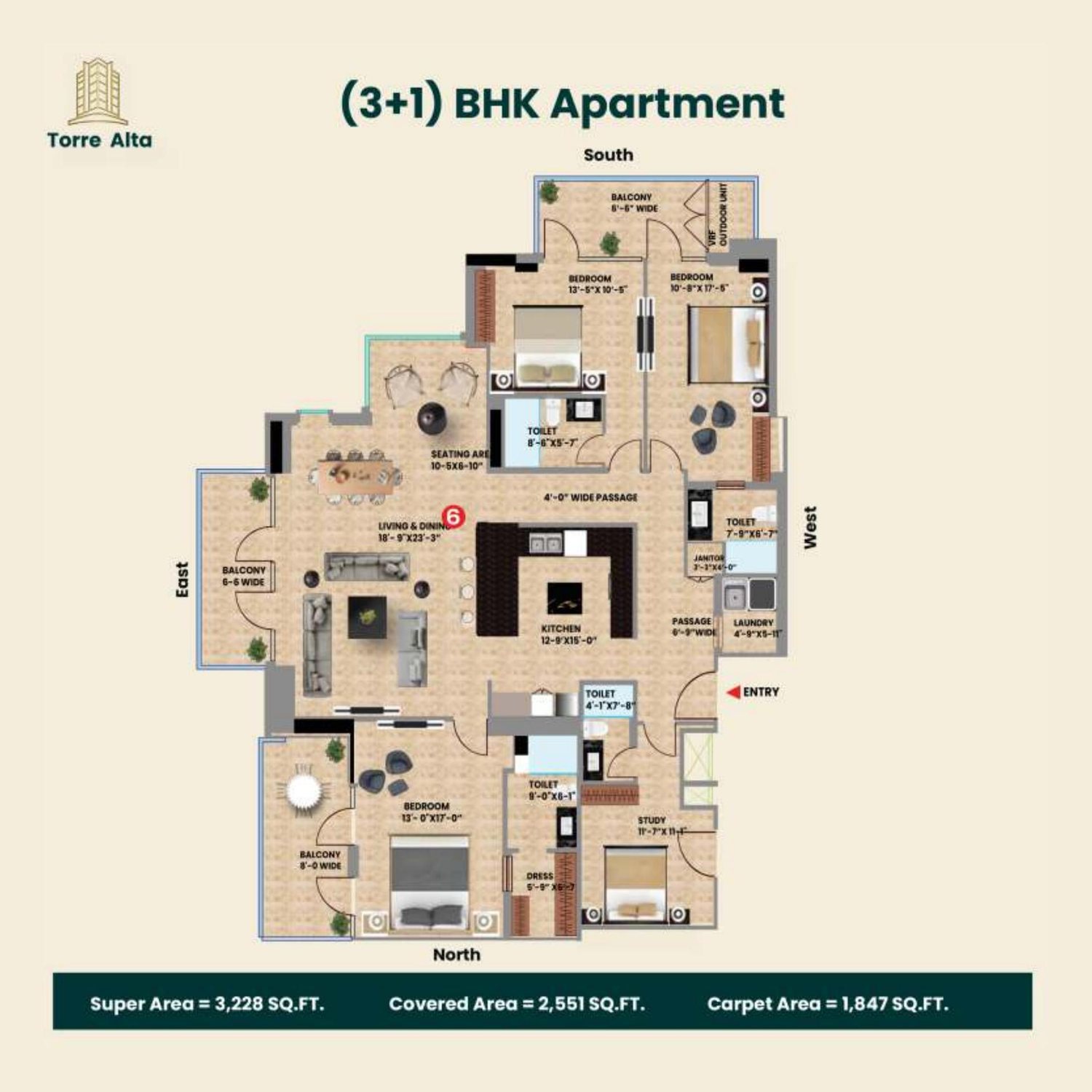 3+1 BHK plan, floors 20 to 22. 3,228 sq ft super, 1,847 sq ft carpet