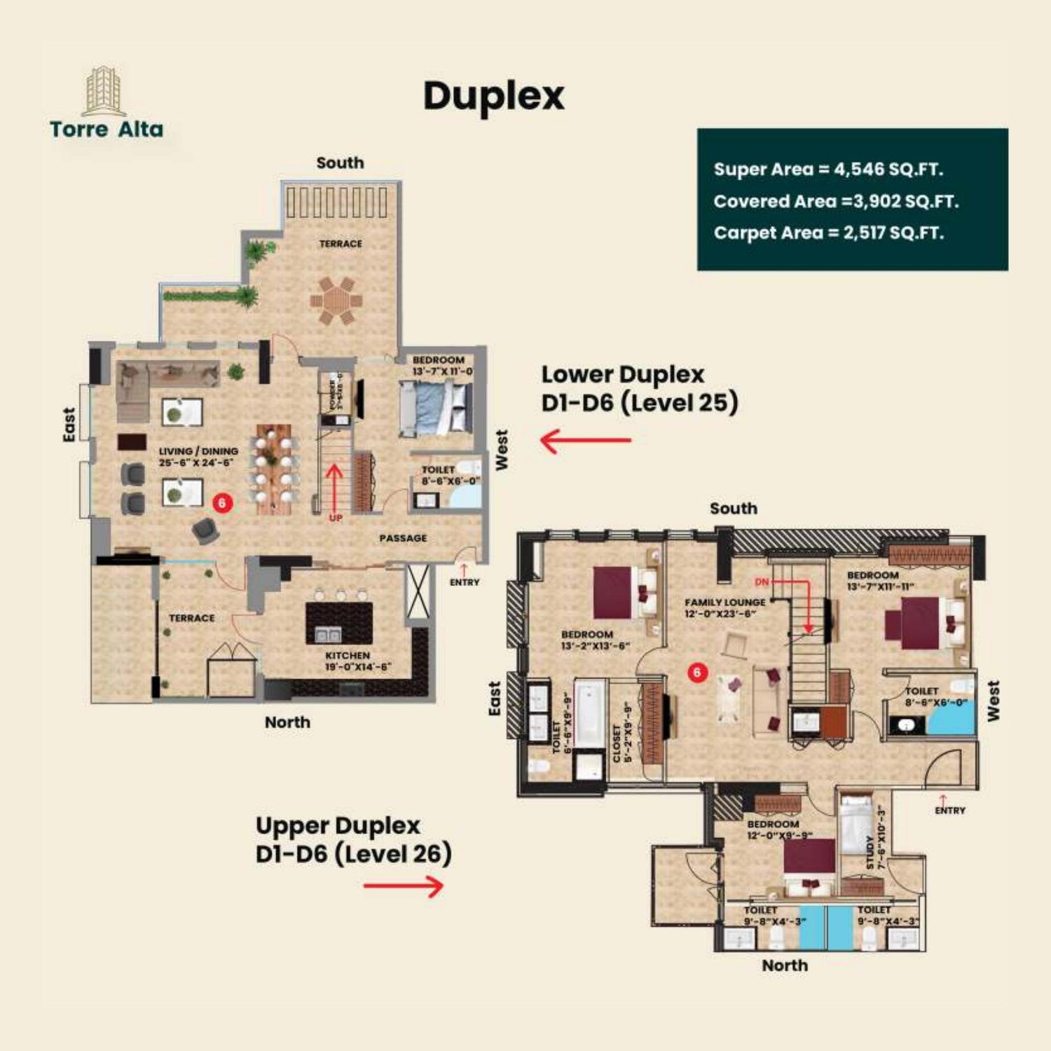 Duplex plan, types D1 to D6, floors 25 to 28