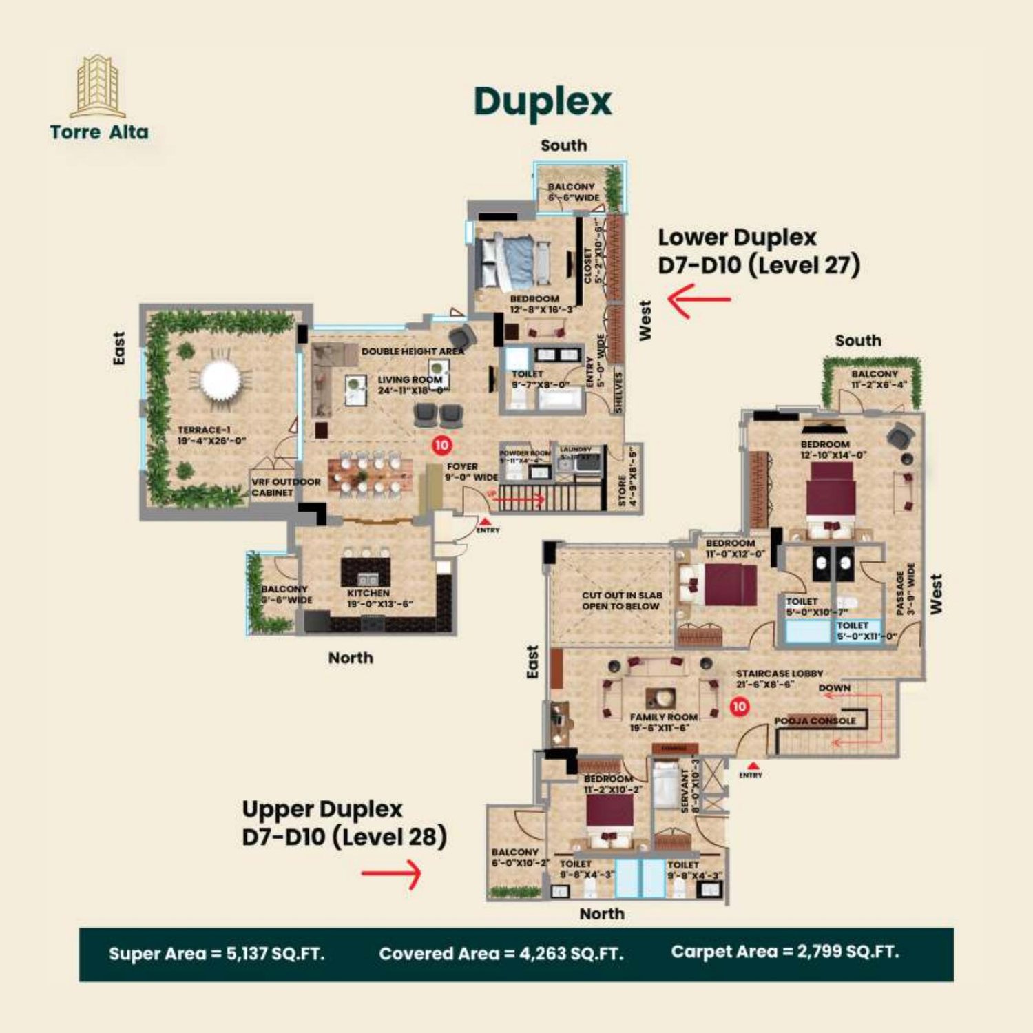 Duplex plan, types D7 to D10, floors 25 to 28