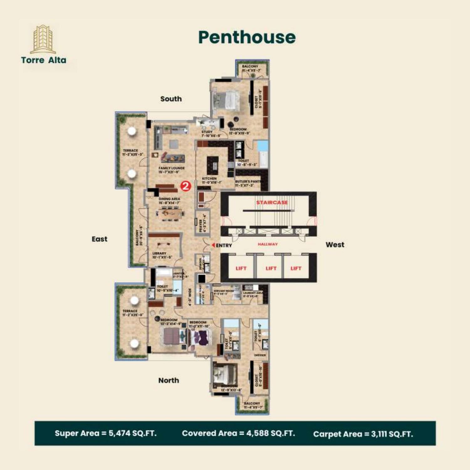 Penthouse plan, floor 29. 5,474 sq ft super, 3,111 sq ft carpet